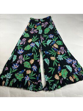 Zara Black Tropical Bird Printed Crepe Wide Leg Ruffle Hem Pant S